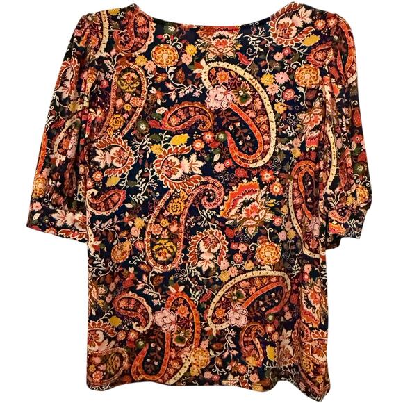 CeCe Womens Paisley Print Top Shirred Sleeve Navy Blue Medium - Picture 4 of 6